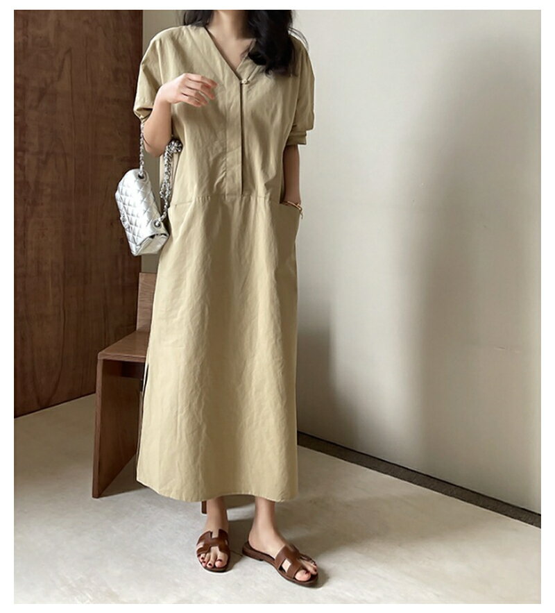 【お買い物マラソン&クーポンで値引き】バブル袖 ロングワンピース 半袖 ポリエステル カーキ ブラック フリーサイズ Vネック 夏 ゆったり 可愛い おしゃれ 着やせ スカート 薄手 シンプル デザイン 速乾 通気性 柔らか ファッション