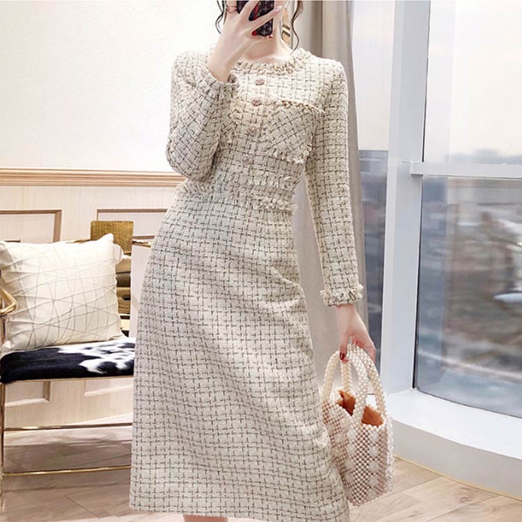 ツイード ひざ下丈 入園 ママ 秋 ミディ丈 フォーマルスーツ スーツ Aライン バックスリット ラウンドネック フォーマルスーツ ママ 母親 ワンピース スーツ 卒業式 チェック柄 ひざ下 謝恩会 卒園式 膝下 長袖 スーツ 上品 きれいめ 大きいサイズ アイボリー 20代 30代 春