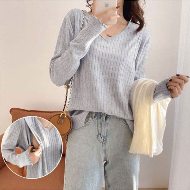 Tシャツ カットソー リブ 授乳服 マタニティ 授乳口付トップス 春 インナー Vネック リブ おしゃれ 薄手 マタニティ マタニティウエア 長袖 プルオーバー シンプル 大きいサイズ リブトップス 授乳口付き 便利 トップス ママ服 無地 2