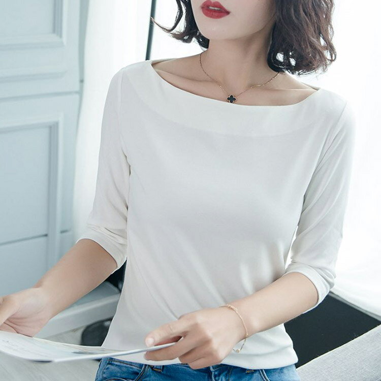 送料無料 Tシャツ レディース 七分袖 五分袖 トップス 七分袖tシャツ カットソー ボートネック tシャツ インナー プルオーバー 重ね着 カットソー 無地 シンプル オフィス カジュアル きれいめ 大きいサイズ 春 夏 送料無料 dayforme-10002090 DayForMe 楽天市場店 サンプル画像3