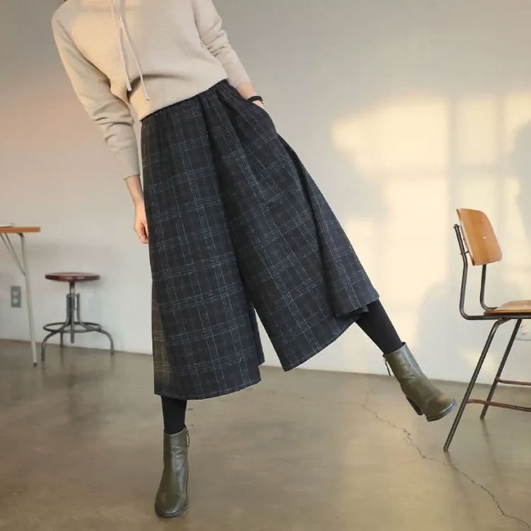ガウチョパンツ レディース 秋冬 七分丈 大きいサイズ フレアパンツ スカーチョ スカンツ ワイドパンツ チェック柄 秋冬 大きサイズ ウエストゴム 体型カバー ゆったり 可愛い