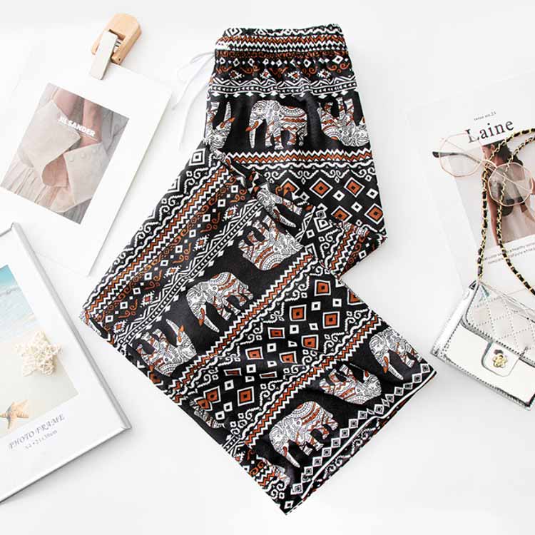 タイパンツ ワイドパンツ ゾウ柄 春 夏 レディース 涼しい ぞう 総柄 エスニック アジアン 象 部屋着 ルームウェア ロングパンツ カジュアルパンツ ウエストゴム 大人 かわいい 薄手 軽い ストレート パンツ 体型カバー イージーパンツ