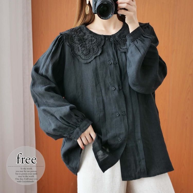 ブラウス レース襟 ブラック ボタン ナチュラル 食事会 デート お出かけ ドライブ きれいめ 上品 女子会 カジュアル キレイ目 リモート /[ogs70]