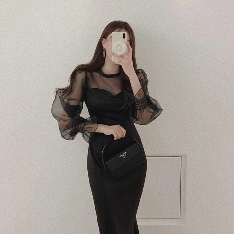 パーティードレス 袖あり 韓国 お呼ばれドレス マーメイド マーメード タイトドレス タイトワンピース ワンピース ロング丈 シースルー 透け感 レディース 春 夏 秋 冬 可愛い 結婚式 二次会 披露会 演奏会 同窓会 成人式 卒業式 謝恩会 きれいめ