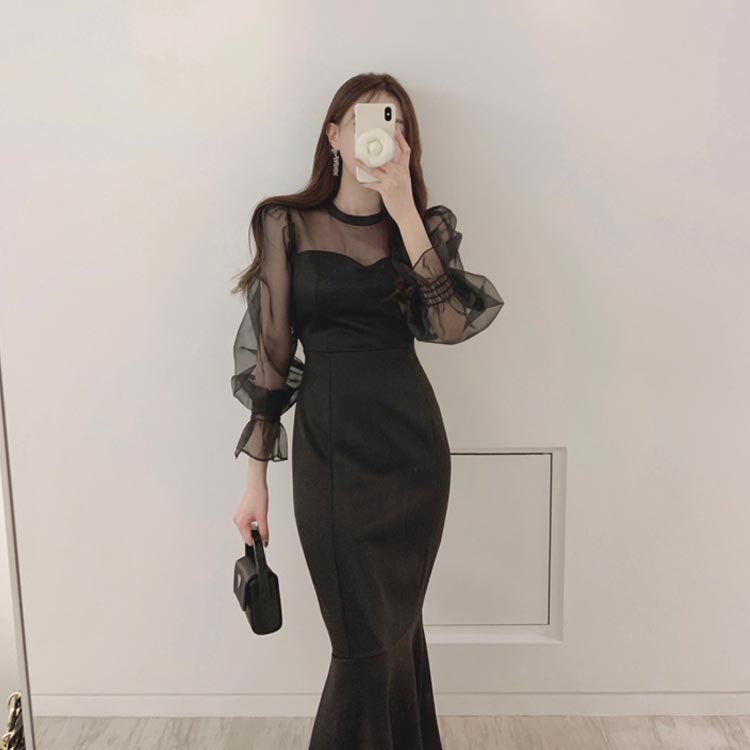パーティードレス 袖あり 韓国 お呼ばれドレス マーメイド マーメード タイトドレス タイトワンピース ワンピース ロング丈 シースルー 透け感 レディース 春 夏 秋 冬 可愛い 結婚式 二次会 披露会 演奏会 同窓会 成人式 卒業式 謝恩会 きれいめ