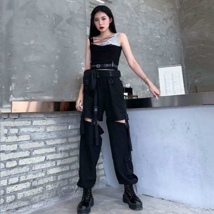 カーゴパンツ レディース ロング丈 2WAY 取り外し可 ダンスパンツ 団体服 イベント 原宿系 ストリート 白 黒 送料無料
