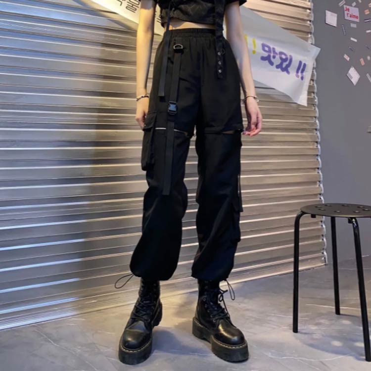 カーゴパンツ レディース ロング丈 2WAY 取り外し可 ダンスパンツ 団体服 イベント 原宿系 ストリート 白 黒 送料無料