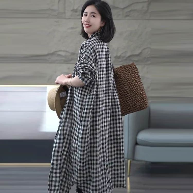 チェック柄 可愛い マキシ丈 シャツワンピース ワンピース シャツワンピース 長袖 シャツワンピ 体型カバー 羽織 ロングシャツ レディース ファッション 重ね着 着瘦せ 大人女性 きれいめ カジュアル 春秋 薄手 通勤 dayforme-10004639 DayForMe 楽天市場店 サンプル画像2