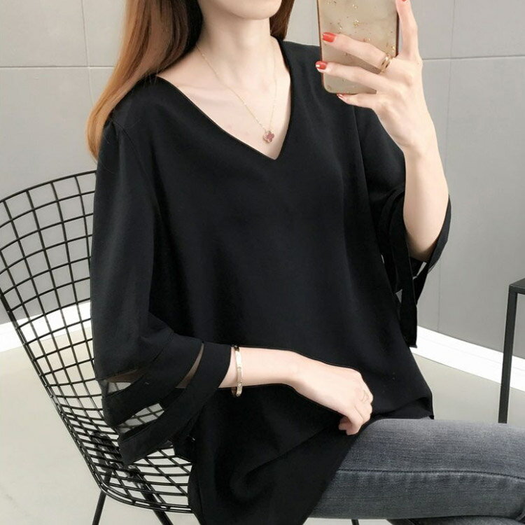 フレアスリーブ フレア袖 レディース 送料無料 シフォンブラウス トップス Vネック Vネック 七分袖 フレアブラウス フレアスリーブ 大きいサイズ きれいめ 入学式 ママ 卒業式 夏 ブラウス