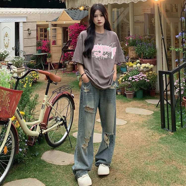 ロング丈 カジュアル 夏 レディース ダメージデニム ジーンズ ワイドパンツ ゆったり デニムパンツ 美脚 ヒップホップ 春 体型カバー ボトムス ロングパンツ ダメージ加工 ダンス衣装 レトロ ストリート 大きいサイズ ダメージ加工 着痩せ おしゃれ 韓国風