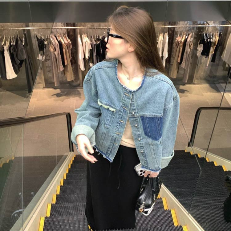 ノーカラー 春 レディース おしゃれ ショートコート 丸首 ダメージ加工 ユーズド加工 アウター ジージャン カジュアル カットオフデニムジャケット お出かけ gジャン アウター 秋 ヴィンテージ デニムジャケット 大きいサイズ