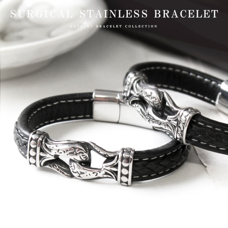 \スーパーSALE対象/ ブレスレット メンズ サージカルステンレス リボン バックルデザイン マイクロファイバーレザー ステンレスブレス シルバー 【ギフト】...