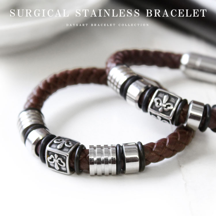 ブレスレット メンズ サージカルステンレス 百合の紋章 フレア チャーム マイクロファイバーレザー マグネット ステンレスブレス シルバー ダークブラウン 【ギ...