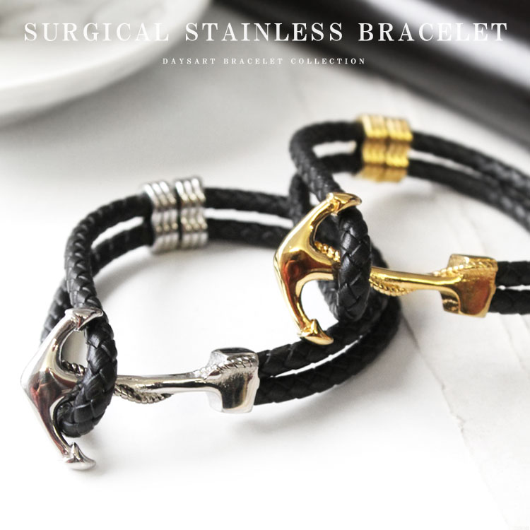 ブレスレット メンズ サージカルステンレス アンカー イカリ 錨 マリン マイクロファイバーレザー ステンレスブレス ゴールド シルバー 【ギフト】 【あす楽】