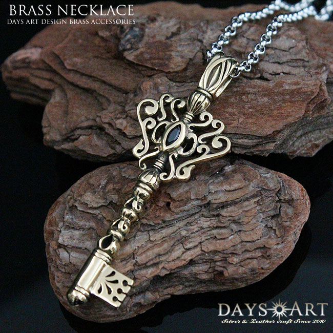 \スーパーSALE対象/ブラス 真鍮 立体装飾 ブラックジルコニア キーペンダント 鍵 ゴシックデザイン チェーン付き 【 メンズ シルバーネックレス シルバー...