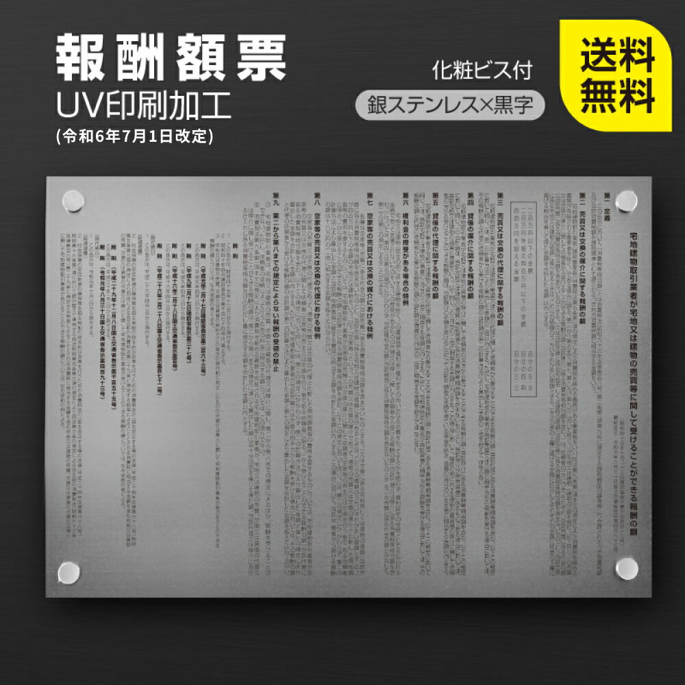\期間限定クーポン配布/令和6年7月1日施行『改訂報酬額表』改正後の報酬額表 W515mm×H364mm 銀看板+黒文字 おしゃれ 宅建 報酬額表 最新 5mmガラス調アクリル板 宅地建物取引業法 宅地建物取引業者票 報酬額 b-stl-s