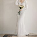 オフホワイトサテンシンプル背中空き袖付きドレスウェディングドレス二次会 結婚式前撮り森ガールワンピース