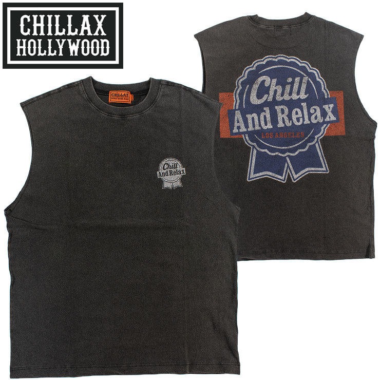 バンドカット ノースリーブ チラックス メンズ タンクトップ ブリーチ加工 Pabst Blue Ribbon CHILLAX ..