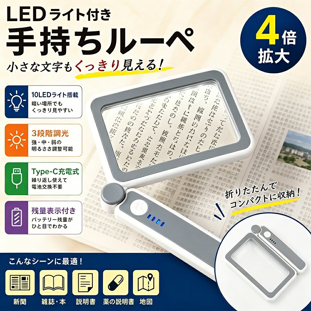 夏新作 ルーペ ハンドルーペ LEDライト付き 4倍拡大 USB充電式 拡大鏡 高輝度LED Type-C充電 3段階調光 大型レンズ 折りたたみ式 角度調節対応 読書 新聞 地図 手芸 検品 精密作業 視力サポート 昼白色 視認性向上 バッテリー残量表示 軽量 持ち運び便利 父の日 母の日