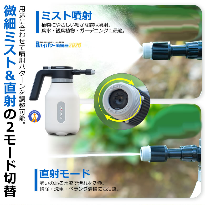 電動噴霧器 2L USB充電式 自動噴霧 一鍵噴射 24cm延長ノズル付き 霧吹き 電動スプ...