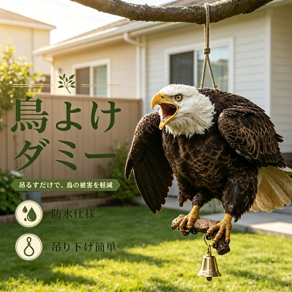 商品説明お庭や畑を鳥被害から守る、猫頭鷹（フクロウ）デザインの鳥よけダミーです！吊るすだけで鳥が近寄りにくくなり、鈴の音がさらに効果アップ。果樹園や菜園、ベランダなど様々な場所に使えます。見た目もかわいい猫頭鷹が、実用的な防鳥グッズとして大活躍！風に揺れて鈴が鳴るたびに鳥を追い払います。オーナメントとしてもおしゃれで、ガーデンインテリアにぴったり。お手軽に設置できる鳥対策グッズをお探しの方に、ぜひおすすめです。【リアルな猫頭鷹デザイン】本物そっくりな猫頭鷹の造形が、鳥類の警戒心を刺激し、近づくのを防ぎます。かわいい見た目でありながら、実用的な防鳥効果を発揮します。【吊るすタイプで簡単設置】吊るすだけで簡単に設置可能。ベランダの手すりや庭木、テラスの軒先など、好きな場所に取り付けられます。風でゆらゆら揺れる動きが、よりリアルな存在感を演出し、鳥を寄せ付けません。【風鈴効果でさらに効果アップ】鈴付きで、風に揺れるたびに澄んだ音が鳴り響きます。視覚的な威嚇に加えて聴覚からも鳥にアプローチし、より高い防鳥効果を実現します。【おしゃれなガーデンオーナメント】防鳥グッズとしてだけでなく、おしゃれなガーデンオーナメントやインテリア雑貨としても楽しめます。アウトドアベランダガーデニング好きの方へのプレゼントにもおすすめです。*モニター環境により実際の色味と若干異なって見える場合がございます。予めご了承ください。完全な鳥害防止を保証するものではありません。定期的に設置場所を変えたり、複数体を組み合わせることで、より効果が期待できます。