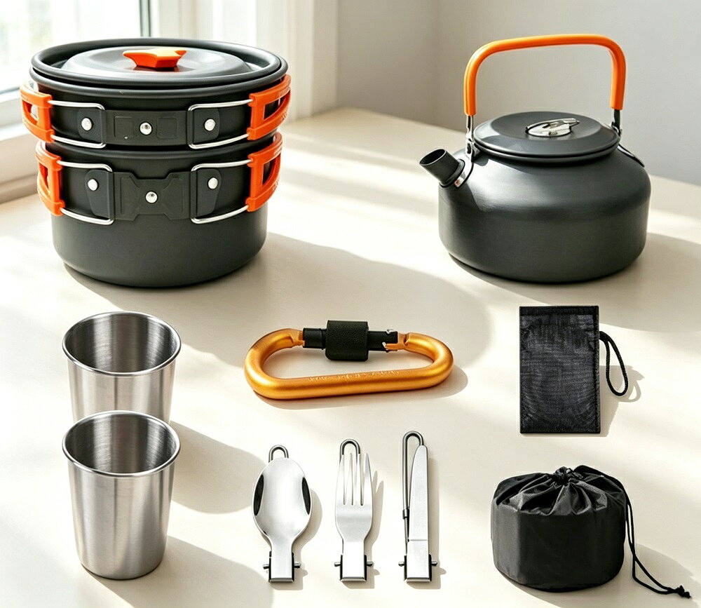 クッカーセット ソロキャンプ アルミ製 鍋 フライパン 調理器具 4点セット 登山 2-3人 BBQ アウトドア 軽量 コンパクト 収納袋付 ギフト 送料無料