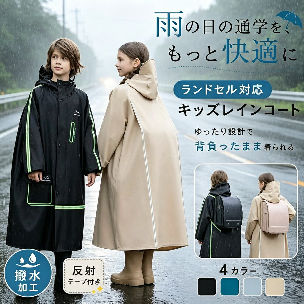 説明雨の日の通学通園を快適にするキッズレインコートです。ランドセル対応のゆったり設計で、背負ったままでもしっかりカバー。お子様の成長に合わせて選べる4サイズ展開（XL〜4XL）で、小学生高学年まで長くご愛用いただけます。反射テープ付きで、夜間や悪天候時の視認性を確保。車や自転車からお子様の存在をアピールし、安全な登下校をサポートします。防水撥水素材のPVCを採用し、大雨でも中まで染み込みにくく、お子様をしっかり雨から守ります。おしゃれでかわいいデザインは、女の子男の子問わずお使いいただけます。自転車通学や幼稚園の送迎はもちろん、入園入学の準備品としてもぴったり。4色からお好みのカラーをお選びいただけます。商品仕様カラー：ライトグリーン / キャメル / ブラック / ダークグリーンサイズ：XL / 2XL / 3XL / 4XL（ランドセル対応）素材：PVC（防水撥水加工）対象：キッズ（女の子男の子兼用） / 小学生幼稚園児用途：通学自転車登下校入園入学雨の日のお出かけご使用上の注意初めてご使用になる際は、軽く陰干ししていただくと素材の匂いが軽減されます。ご使用後は水分を拭き取り、風通しの良い場所で乾燥させてから保管してください。強い摩擦や鋭利なものとの接触は、素材の破損や撥水効果の低下につながる場合がございます。洗濯の際はタグ記載の注意事項を必ずお読みください。