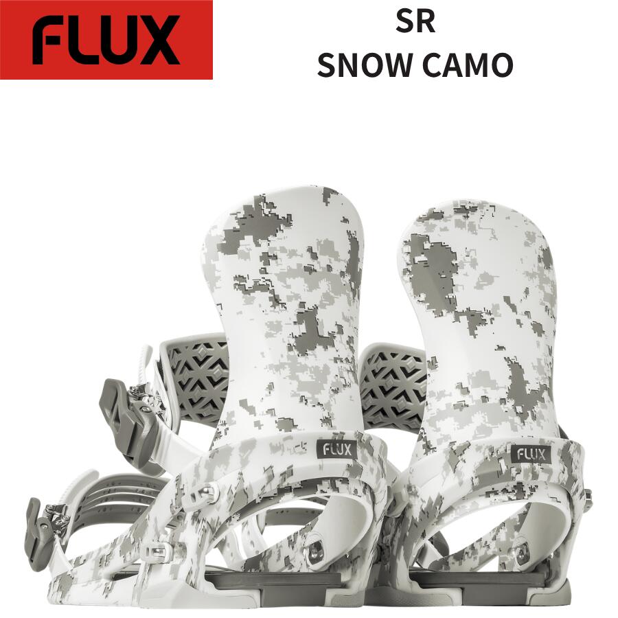 FLUX BINDINGS フラックス SR SNOW CAMO 26-27 モデル / パウダー・サーフライド・オールラウンド対応 バインディング パウダー・サーフライド・オールラウンド対応のフリーライド バインディング。新品・正規品。 雪山を滑る自由を求めるライダーへ。FLUX 「SR」は、パウダー・サーフライド・オールラウンドと多様な地形に対応する、フリーライド志向のバインディングです。特長・機能SUPER ULTIMA BASEPLATE + GLASS REINFORCED TOUGH GRADE：ミディアムフレックス性能を実現し、反発性と操作性の高いバランスを発揮。 HYBRID STABILIZER（ハイブリッドスタビライザー）：外側には踏み込みやすい反発重視素材、内側には膝の動きを妨げない柔らか素材を配置。 左右非対称構造：カービング時のパワー伝達を強化する大型スタビライザーと、繊細な動きを許す小型スタビライザーを組み合わせ。 ソリッドハイバック（SOLID HIGHBACK）：センター部を細くし上部にフレックスを生ませ、ブーツ／足首への負荷を軽減。 SUPER TOUGH NYLON SOFT フレックス素材：適度なしなやかさで滑走感を向上。 MICRO ADJUSTER：1目盛の調整で約 2.5° 前傾を変化させる細かなセッティングが可能。 BOOST FOOTON+：中央部素材を柔らかく、踏み込むと自然に凹形になる形状。雪付き防止設計。 CLOUD STRAP + F.T.M. DUO ストラップ：快適性と反発性を両立し、上下の強度と柔軟性バランスを最適化。 BEER BUCKLE（最終締めラチェットバックル）：確実な締め上げと、ちょっとユニークな栓抜き機能付き（遊び心あり）。 UU FIT（360°包み込み構造）：ヒールカップとハイバックの間にベルトを通し、全方向からブーツをホールド。 TOOLLESS LEVER：工具不要のレバー式設計で、ネジの緩みを防ぐストッパー付き。 5HOLES HIGHBACK ROTATION：5か所のハイバック取り付け穴で前傾角度の微調整が可能。 FLAT BOTTOM デザイン：ベース裏面をなるべくフラットにし、パワー伝達のロスを減らしつつトップシートへの干渉を軽減。 推奨用途・スタイルパウダーや地形、サーフライド系ライディングを好むユーザーに向けて設計。一本で雪面変化を楽しみたいフリーライド志向者に最適。サイズ：XS / S / M / LFLUXFLUX BINDINGSSRSR バインディング25-26 モデルスノーボード バインディングパウダー バインディングサーフライド バインディングオールラウンド バインディングフリーライド バインディングハイブリッド バインディング軽量 バインディングFLUX 正規 5