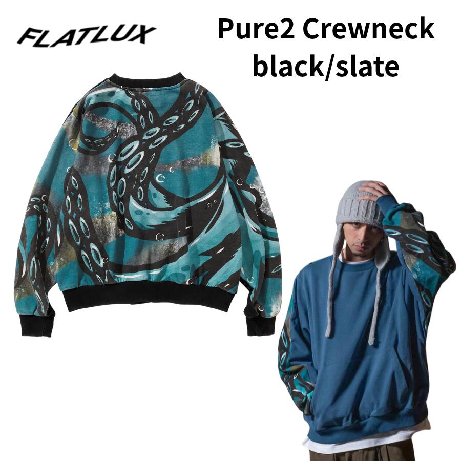 FLATLUX クルースウェット Pure2 Crewneck BLACK SLATE フラットラックス アーティスト グラフィック pure グラフィックアーティスト "PURE" コラボ第2弾 ＊カラーバリエーションは前面を参照ください。後面グラフィックは共通デザインです。バイク、スノーボード、キャンプ、料理とDIY、仲間とチル、自由奔放な生き方とそれが反映された絵が魅力のグラフィックアーティスト PURE。一昨年に続いてFLATLUXとのコラボ第2弾は、躍動感溢れるPUREのグラフィックが背面に大胆に落とし込まれた、インパクト抜群のクルーネック。ショート＆ワイド、カンガルーポケット、アームホールでっかめの特徴的なシルエットがさらに魅力を引き立てます。ウォッシュがかかった中肉厚の裏毛（パイル）生地で、季節を選ばず着ることができます。collaborate with japanese painter stay pureshort, wide and batwing sleeve with kangaroo pocketmid-weight sweatshirtサイズ size M L XL着丈 height 66 69 72身幅 width 66 69 72 cmFLATLUX is ILL Behavior. Clothing Brand from Tokyo.“イルな振る舞い"をテーマに東京から発信を続けるアパレルブランド FLATLUX。ドメスティックブランドの常識を覆すユルさと遊び心、意外に凝り性な性格で”ツッコミどころの多いアイテム”を生み出し続け、 立ち上げから一貫して、こだわりがあるのかないのかわからない姿勢でくすぶり続けている。FLATLUX フラットラックス シャツ メンズ ワイドシルエット ビッグシルエット グラフィックシャツ アートシャツ 派手シャツ 個性派 ファッション 5