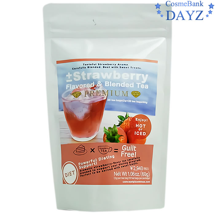 ±ストロベリー(プラスマイナスストロベリー) ダイエットストロベリーティー 【2g x 30袋】 Introducing Our Strawberry-Flavor Blended Tea Recommended to Enjoy with Sweet Treats. ±ストロベリー。それは山口県の美食小宿「てしま旅館」のおもてなしの心から生まれました女性のための美の健康茶。サラシア・レティキュラータ、ルイボスティー、キャンドルフィッシュ、桑の葉い優しいイチゴが香る紅茶ブレンド。まろやかで薫り高いお茶で、気分をリフレッシュ。 ご使用方法 開封後はお早めにおめしあがりください。 内容量 2g　x　30包 原材料名 ルイボスティ、紅茶、ハニーブッシュ、桑の葉、サラシアレティクラータ、たんぽぽ茶、キャンドルフィッシュ、香料 ご使用上の注意 高温・多湿はお避けください。 区分 健康食品｜日本製 発売元 テシマ株式会社 広告文責 株式会社コスメバンク　072-961-7207