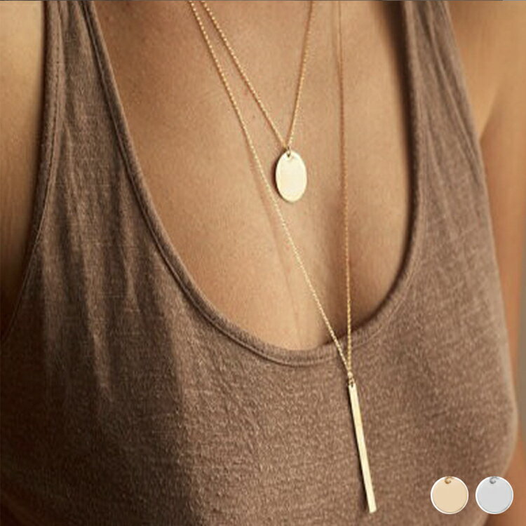 ネックレス レディース 二連 ショート ロング チェーン メッキ プレート サークル バー アクセサリー かっこいい おしゃれ クール ゴールド シルバー 韓国