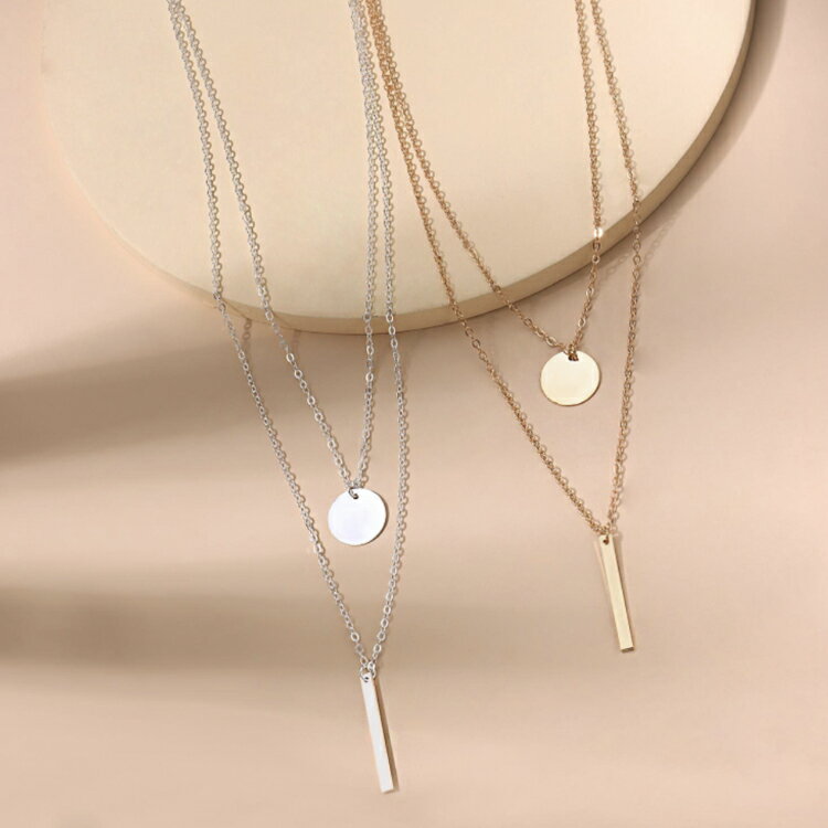 二連 ショート ロング プレート ネックレス レディース チェーン メッキ サークル ゴールド かっこいい アクセサリー クール 韓国 シルバー 新作モデル おしゃれ バー