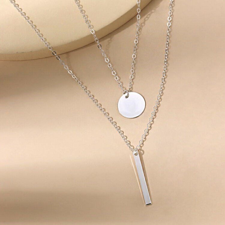 二連 ショート ロング プレート ネックレス レディース チェーン メッキ サークル ゴールド かっこいい アクセサリー クール 韓国 シルバー 新作モデル おしゃれ バー