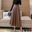 レザースカート レディース 韓国 ミモレ丈 セミロング丈 フレア ハイウエスト フェイクレザー エコレザー ベルト付き ベルト おしゃれ エレガント 秋 冬 秋...
