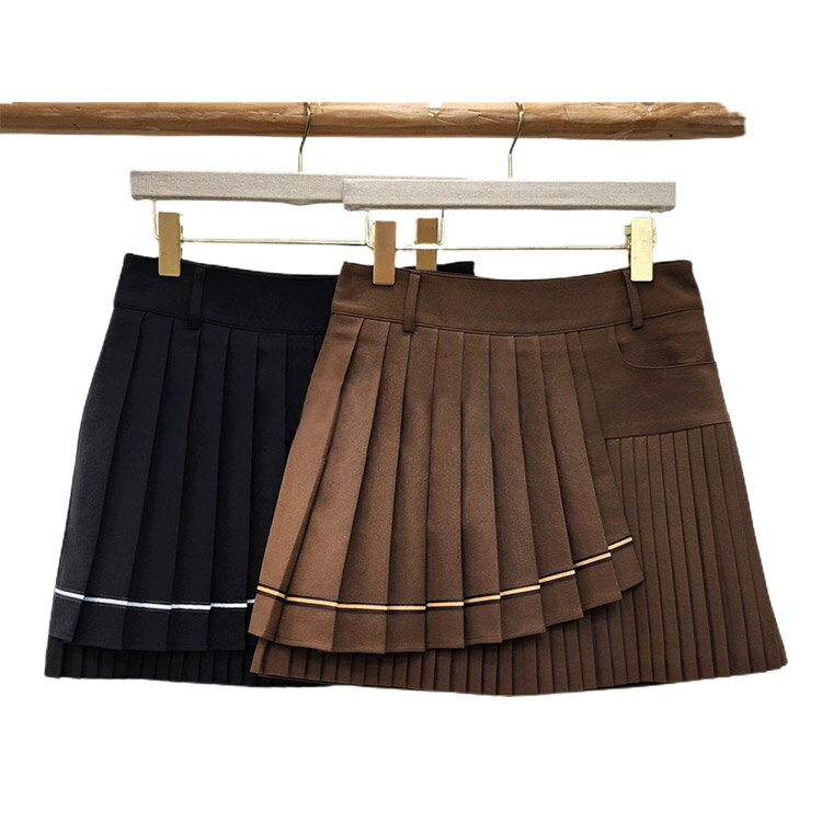 ゴルフウェア レディース 韓国 スカート プリーツ Aライン アシンメトリー ライン 秋 冬 おしゃれ ゴルフ ゴルフウエア ウエア ボトム ブラウン ブラック スポーツウェア