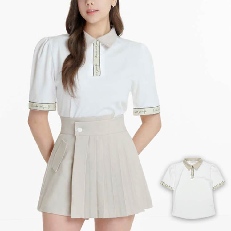 ゴルフウェア レディース 韓国 ポロシャツ 半袖 5分袖 Tシャツ トップス バイカラー 襟 ロゴ レタリング 配色 上品 フェミニン エレガント おしゃれ ゴルフ ゴルフウエア ウエア 秋 春 夏 スポーツウェア 白