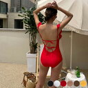 水着 レディース ワンピース 韓国 リボン フリル 背中見せ 無地 フェミニン おしゃれ 可愛い プチプラ 大人 海 おとな女子 イエロー 黒 白 赤 ブラウン...