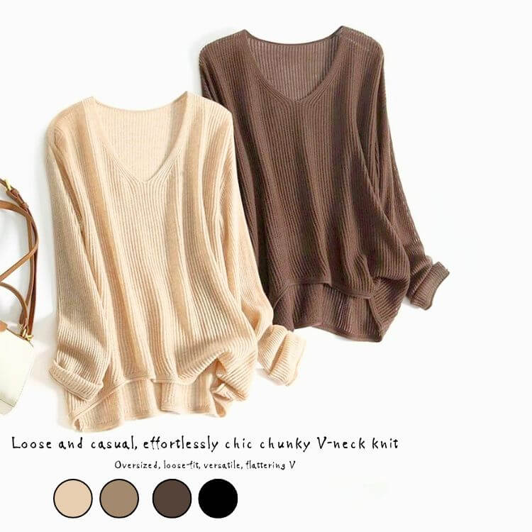 ニット レディース Vネック リブニット ゆったり オーバーサイズ 無地 おしゃれ 大人 リブ トップス ざっくりセーター カジュアル 体型カバー 長袖 韓国ファッション きれいめ 大人可愛い 春 夏 秋のサムネイル