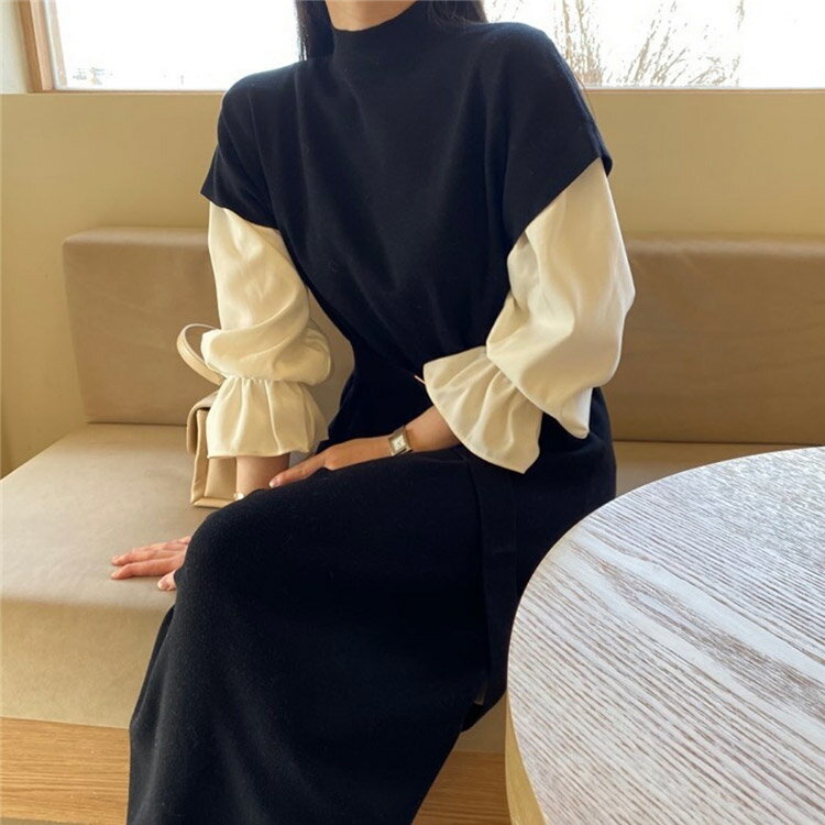 ワンピース ブラウス セット レディース ニット モックネック ニットワンピース ハイネック ウエストマーク セットアップ 韓国のサムネイル