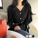 【クーポン利用で30%OFF】ブラウス Vネック レディース リボン パール ストライプ フェミニン ミントグリーン 黒 白 ベージュ 韓国 メール便送料無料【リボン】