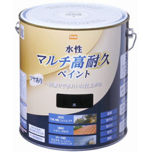 水性 マルチ高耐久ペイント ツヤあり 3L 黒 DCM 水性 塗料 ペンキ 鉄部 木部 屋内 屋外 壁 フェンス ドア 家具 ガーデン 水性塗料 DIY 補修 低臭 防サビ 防カビ 防汚 速乾 全12色
