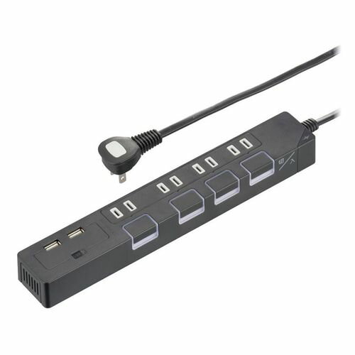 節電タップ雷ガード4個口 USBポート付 2m ブラック HS-TPKU42K-22 OHM 節電タップ雷ガード4個口 USBポート付 2m ブラック HS-TPKU42K-22 OHM