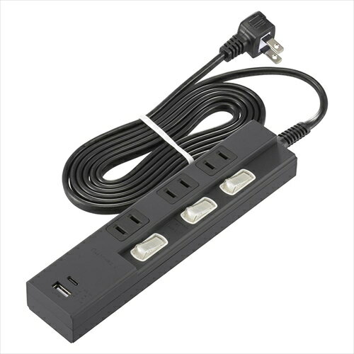 3個口節電タップ PD対応Type-C/Aポート付 2m ブラック HS-TPU32PD23-K OHM type-c PD対応 節電タップ USB コンセント 延長コード ohm 2m 急速充電 3口 タップ