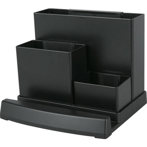 堅牢なつくりのスチール製デスクオーガナイザーです。机やテーブルの上に散乱しがちな筆記具やハサミ、付箋、電卓、リモコン等を収納できます。サイズの異なる3つの収納ボックスは消しゴムやクリップ等の保管にも便利です。スマホやタブレットが立てかけられる便利なスタンド付きです。衝撃に強く重厚感もあり、底面にはすべり止めゴムがつき、本体がズレにくくなっています。 色:ブラック。幅(mm):146。奥行(mm):130。高さ(mm):116。 使用用途を守ってご使用ください。日時指定はお受けできません。