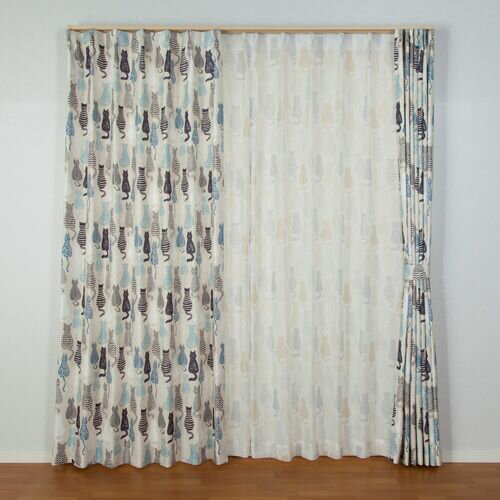 ねこ柄ドレープ&ねこ柄レースカーテンセット にゃかよし 4枚組 ブルー 幅100x丈135cm ユニベール