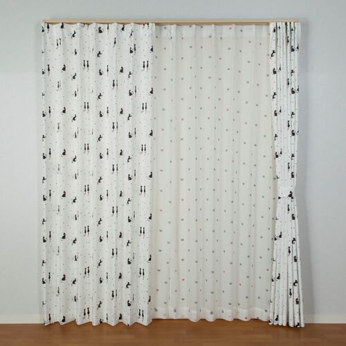 ねこ柄ドレープ&ねこ柄レース カーテンセット にゃんゼリーゼ 4枚組 ミックス 幅100x丈178cm ユニベール