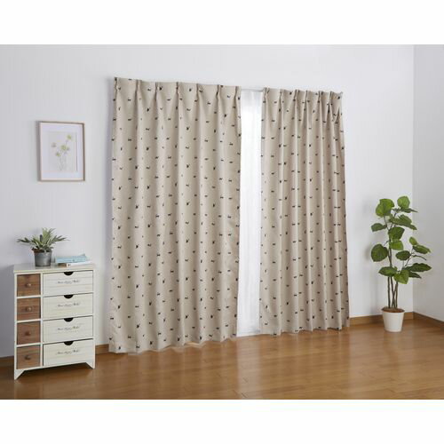 カーテン ちびネコ 2枚入 ベージュ 100×178cm ユニベール