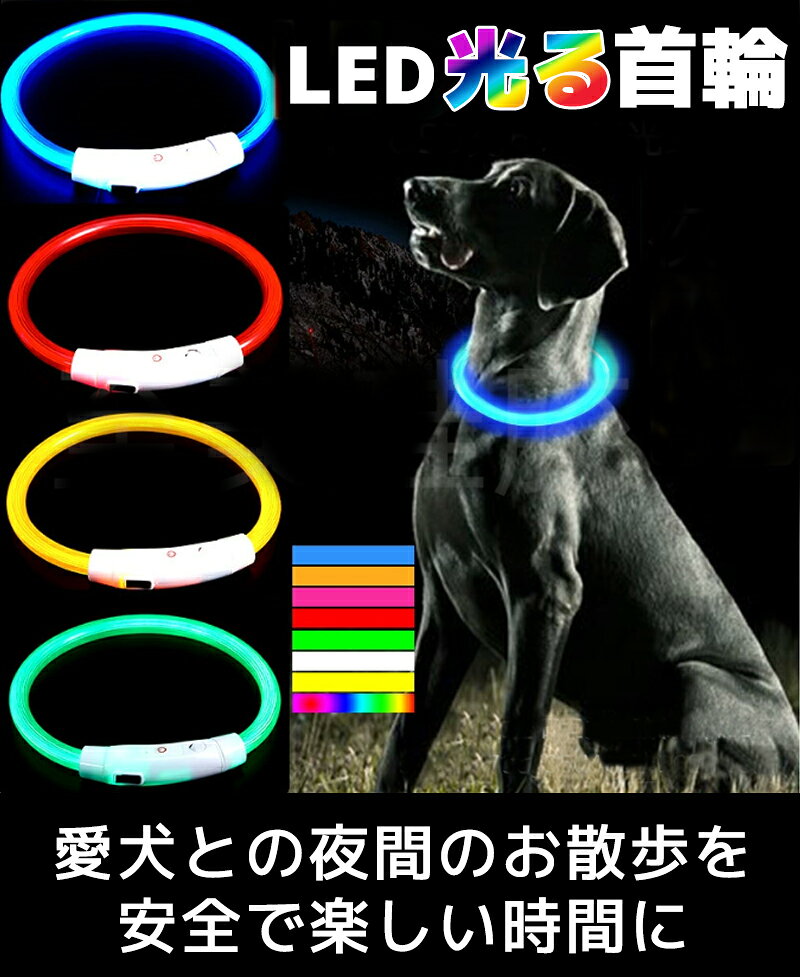 犬猫用 光る首輪 LEDライト付き USB充電式 夜間お散歩 安全対策 高輝度 軽量 シリコン素材 点灯モード3種 長さ調整可 レインボー含む8色展開 小型犬 中型犬 大型犬 S M Lサイズ対応 ペット用発光首輪 夜間 夜 便利 やわらかい