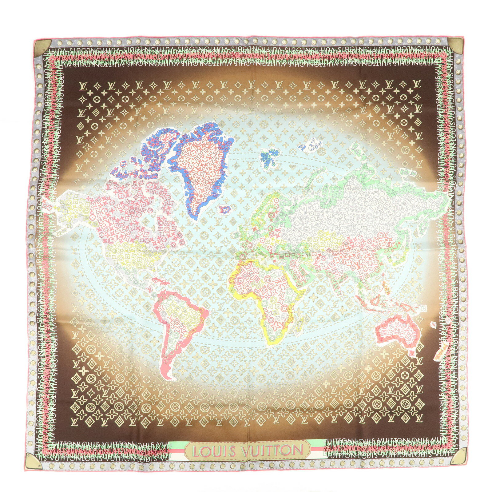 LOUIS VUITTON ルイヴィトン モノグラム スカーフ 世界地図 ブラウン×ライトブルー 402470 ルイ・ヴィ..