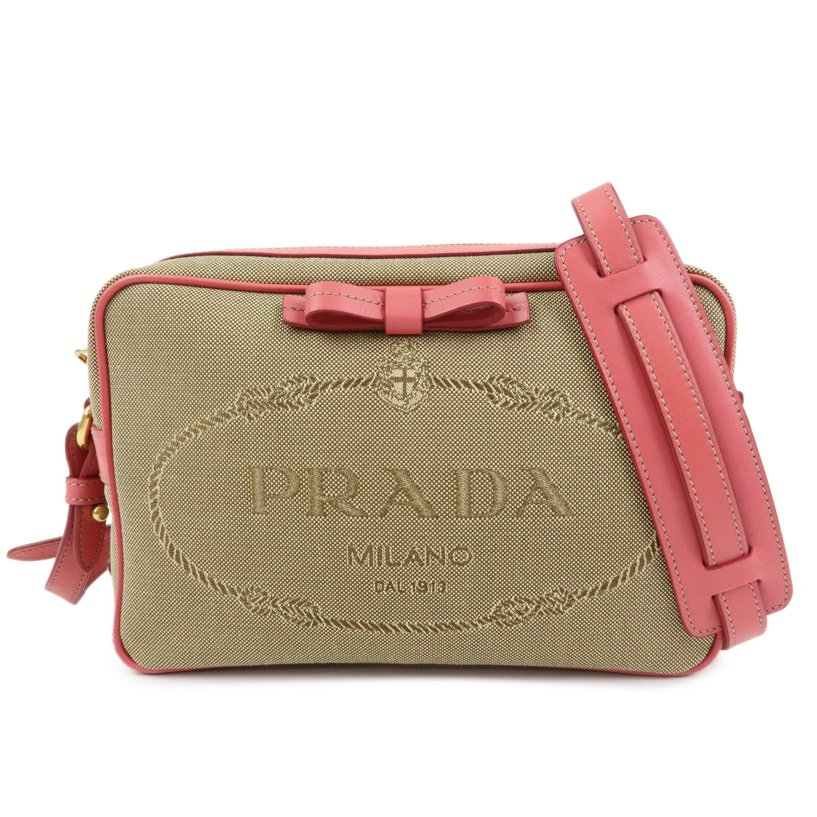 Rakuten - PRADA プラダ トライアングルロゴ ショルダーバッグ ロゴジャガード レザー ベージュ ピンク 1BH089【中古】【良品】【送料無料】【返品可】